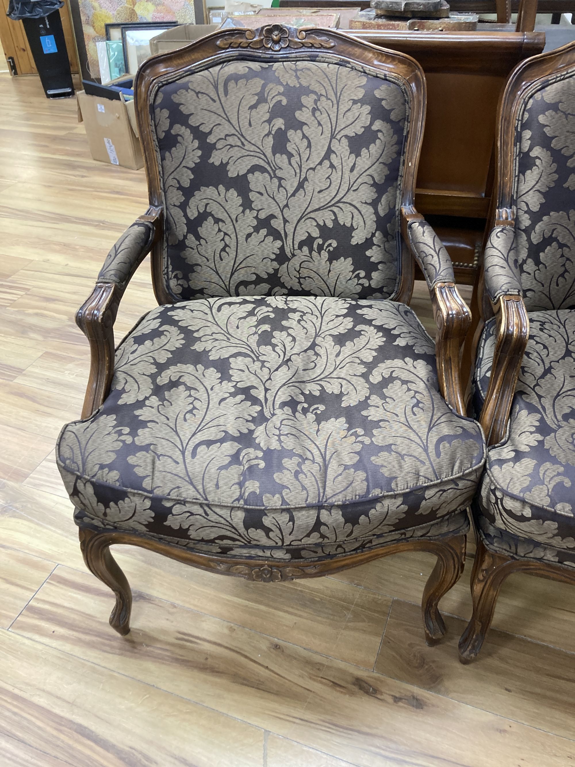 A pair of Louis XVI design beech open armchairs from The Grand Hotel, Brighton, width 65cm, depth 60cm, height 92cm